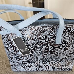 Women's Tote Chinseled Blue and Brown Leather Bag. Artesanal . New. Dust Bag Inc